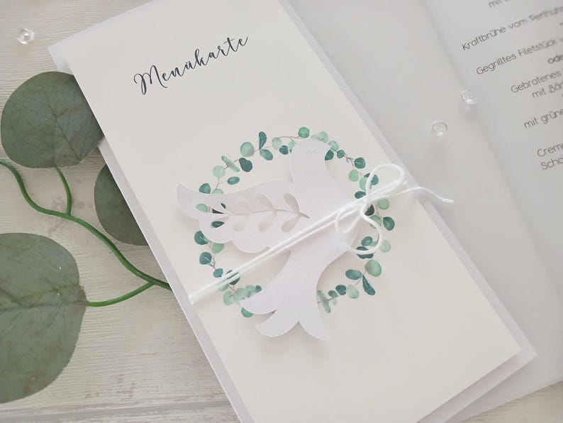 Elegant invitation and menu card with transparent paper insert – wedding, christening, communion, confirmation – customizable or blank image 2