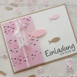 Pink christening invitation for a girl | Christening card with fish motif | Personalized invitation card for christening, communion, confirmation
