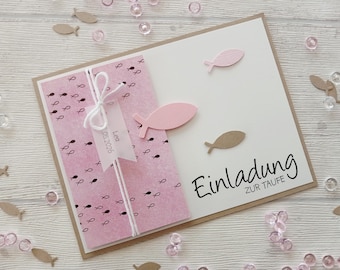 Pink christening invitation for a girl | Christening card with fish motif | Personalized invitation card for christening, communion, confirmation
