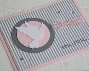 Karte Einladung Konfirmation / Kommunion Einladungskarte Taube rosa grau