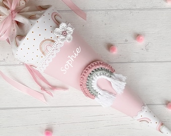 Personalized school cone for girls – Pink with rainbow – Fabric school cone with name & cardboard blank – Decorative cushion