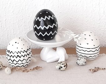 3er Set Eier Keramik Ostern Osterdeko Osterdekoration schwarz weiß Frühling