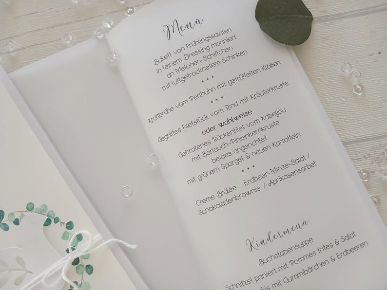 Elegant invitation and menu card with transparent paper insert – wedding, christening, communion, confirmation – customizable or blank image 4