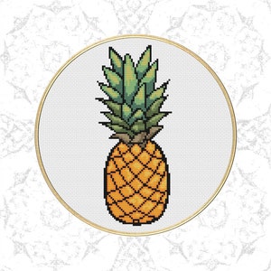May include: A cross-stitch pattern of a pineapple with a yellow fruit and green leaves in a circular embroidery hoop.