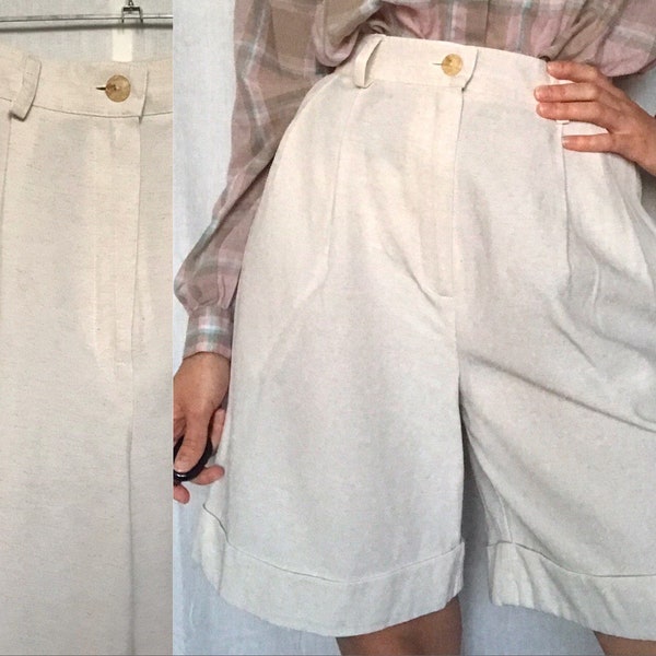 vintage années 80 Plissé Haute Taille Bermuda Shorts « Miss Etam"Cream Color