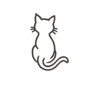 May include: A minimalist line drawing of a cat, depicted in a seated position with its tail curled. The cat's outline is a dark gray against a clean white background. The design features simple lines, emphasizing the cat's silhouette.