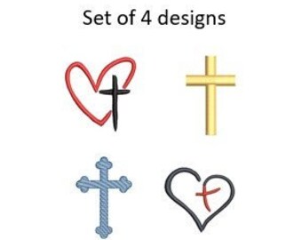 Cross Embroidery Design Set of 4 Mini Religious Crucifix Heart Small Machine Pattern