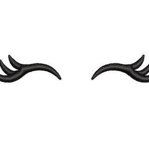 May include: A pair of black eyelashes with a curved shape, resembling a unicorn's eyelashes.