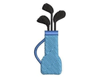 May include: A blue golf bag with three black golf clubs sticking out of the top.
