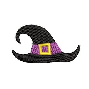 May include: A black witch hat with a purple band and a gold buckle. The hat has a pointed top and a wide brim.