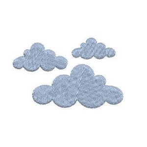 May include: Three light blue embroidered clouds on a white background.