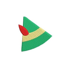 May include: Green elf hat with a red and yellow trim. The hat is pointy and has a small red feather on the side.