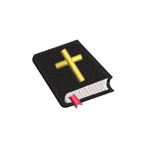 May include: A black book with a gold cross on the cover and a red bookmark.
