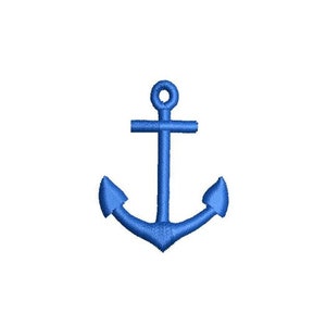 May include: A blue anchor with a rounded top and two curved arms. The anchor is a nautical symbol.