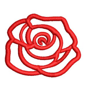 May include: A red embroidered rose design with multiple layers of petals.