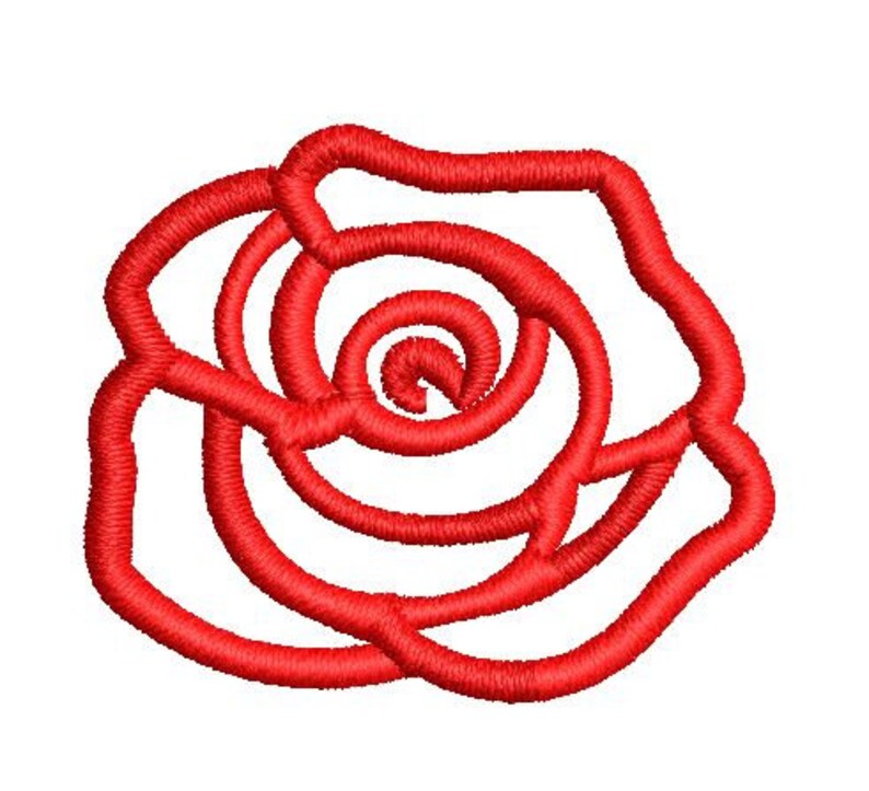 May include: A red embroidered rose design with multiple layers of petals.