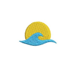 May include: A yellow sun with a blue wave in front of it. This is a simple design that would be great for a beach-themed embroidery project.