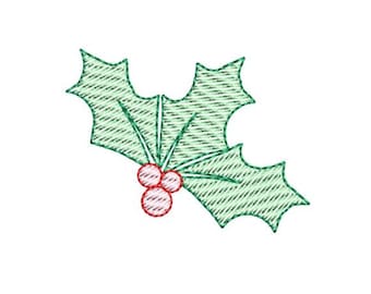 May include: A green holly leaf with red berries. The holly leaf is stylized with a striped pattern.