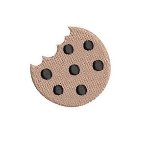 May include: A tan-colored cookie with a bite taken out, featuring six dark chocolate chips. The cookie has a textured surface and is set against a white background. This image is suitable for embroidery or applique projects.