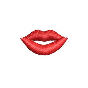 Puede incluir: Labios rojos bordados, un diseño simple para un parche o adorno.