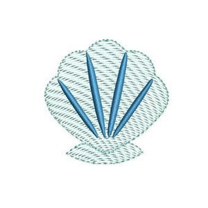 May include: A blue and white embroidered seashell with a textured design.