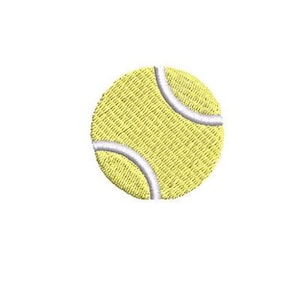 May include: A yellow tennis ball with white stitching.