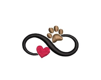 May include: Black infinity symbol with a brown paw print and a red heart in the center.