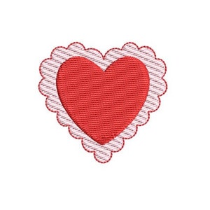 May include: A red heart with a white scalloped border. The heart is filled with a red and white striped pattern.