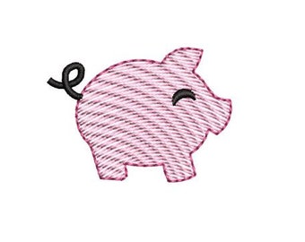 May include: A pink pig with a curled tail and a smiling face. The pig is embroidered with a striped pattern.