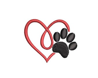 May include: A red heart with a black paw print inside. The heart is stylized with a swirl design.