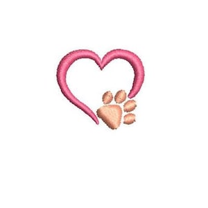 May include: A pink heart outline with a brown paw print inside. The paw print is in the bottom right corner of the heart.