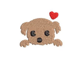 Op de afbeelding: Een bruine cartoon hond met zwarte ogen en een zwarte neus die over een oppervlak kijkt met een rood hart erboven.