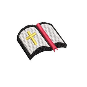 May include: An embroidered patch depicting a closed book with a red ribbon bookmark and a gold cross on the cover.