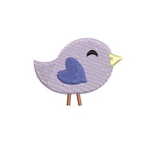 May include: A purple bird with a blue heart on its chest and a yellow beak. The bird has small brown legs.