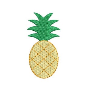 Puede incluir: Una piña amarilla con una parte superior verde y frondosa. La piña está bordada con un patrón de trama cruzada.