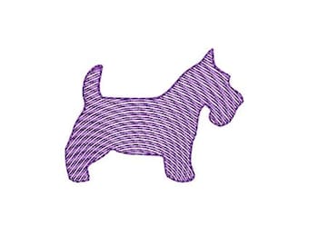 Op de afbeelding: Een paarse lijntekening van een hond, waarschijnlijk een Scottish Terrier, op een witte achtergrond. De hond is in profiel afgebeeld, met opgetilde staart en kop. De afbeelding heeft een getextureerde, handgetekende uitstraling.