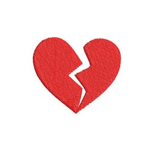 May include: A red embroidered heart design, split down the middle with a jagged white line. The heart is centered on a white background, showcasing the detailed stitching and texture of the fabric.