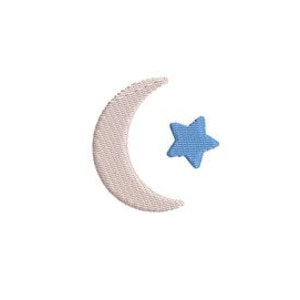 May include: A beige crescent moon with a blue star to the right.