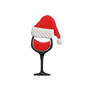 May include: A red wine glass with a red and white Santa hat on top.