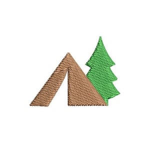 Może przedstawiać: Brązowy namiot z zielonym drzewem sosnowym obok. Namiot ma prosty design z ostrym szczytem i prostą podstawą. Sosna również jest prosta, z ostrym szczytem i kilkoma gałęziami.