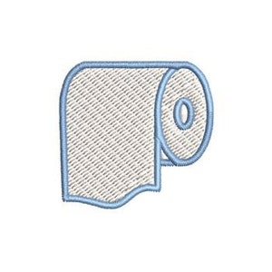 May include: A blue and white embroidered design of a toilet paper roll. The design is simple and minimalist, with a white background and blue outline.