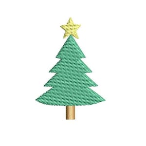 May include: An embroidered Christmas tree design. The tree is green with a yellow star on top and a brown trunk. The design is on a white background.