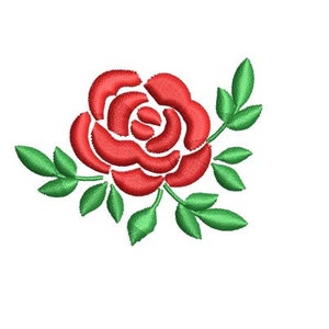 Może przedstawiać: Czerwona róża z zielonymi liśćmi. Róża jest wyszyta szczegółowym wzorem.