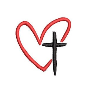 Könnte beinhalten: Ein rotes Herz mit einem schwarzen Kreuz darin, symbolisiert Glauben und Liebe.