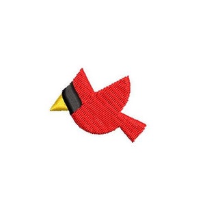 May include: A red cardinal bird with a black eye stripe and a yellow beak. The bird is flying to the right.