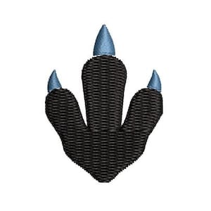 May include: Black dinosaur footprint with three blue claws. The footprint is a simple design with a textured surface.
