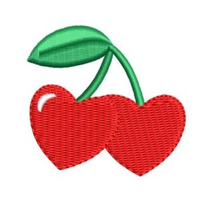 May include: Two red cherries with green stems and leaves. The cherries are heart-shaped and have a textured surface.