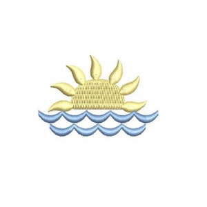 May include: A yellow sun with rays setting over blue waves. The sun is a simple design with a textured surface. The waves are stylized and have a simple design.