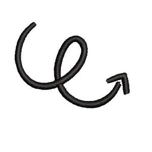 May include: A black, embroidered arrow with a spiral design. The arrow curves in a circular motion, ending with a pointed tip. The design is set against a plain white background.