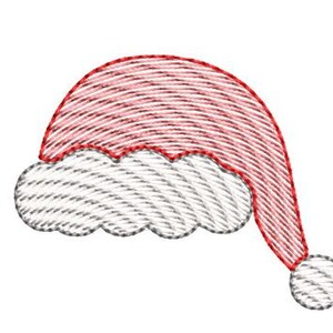 May include: A red and white Santa hat with a white pom-pom on the end. The hat is made of a textured fabric and has a white trim.